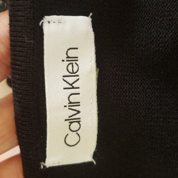 💐 CALVIN KLEIN Black Ivory Dress Long Sleeves Bell Cuffs Crochet Lace Trim - Picture 9 of 10